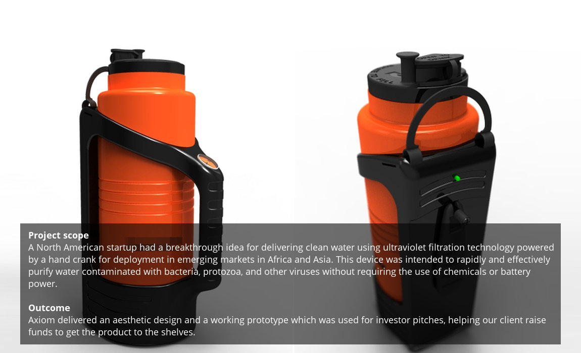 Axiom product development - Ultraviolet filtration hand crank portable water purifier